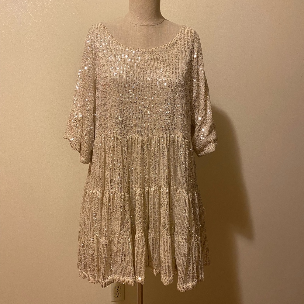 Amazing Lace Sequin Tiered Mini Dress in Champagne Beige